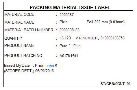 Sample of packing material label generated by automated dispensing system